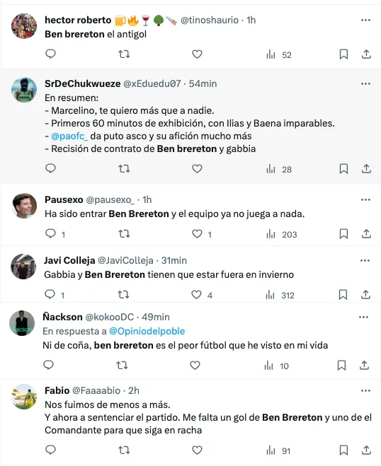 Las críticas sobre el pobre rendimiento de Ben Brereton ante Panathinaikos.