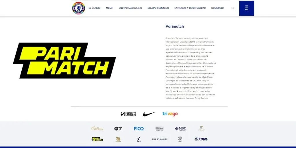 El sitio del Chelsea dando a conocer en su momento, el acuerdo con la empresa Parimatch (Captura)
