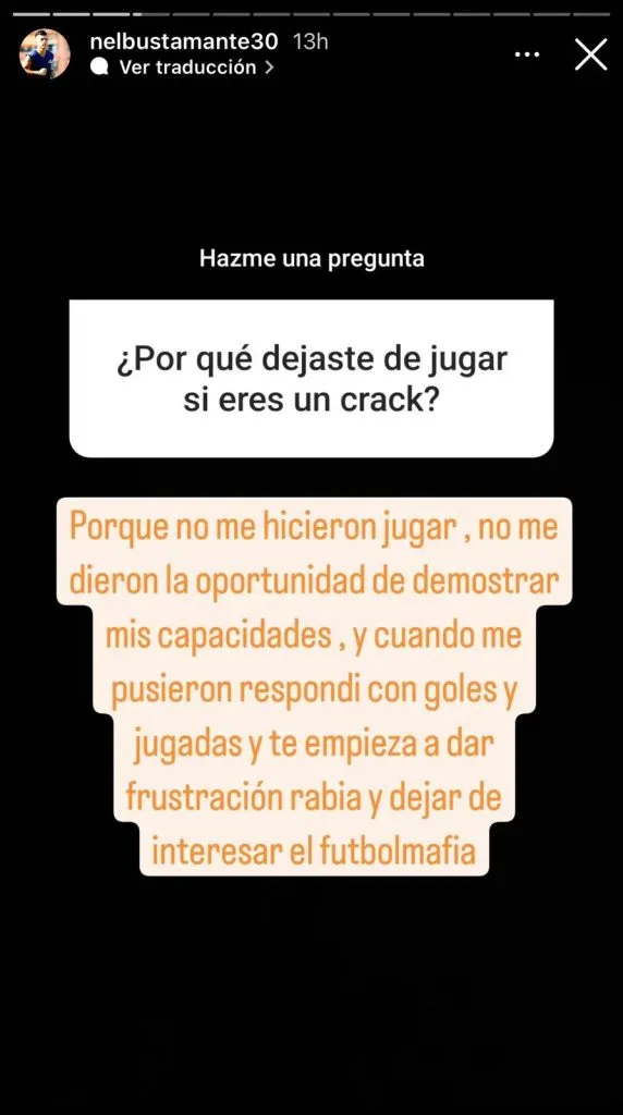 Captura historia de Instagram de Nelson Bustamante (@nelbustamante30).