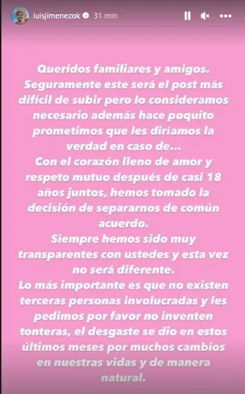 El comunicado que ambos publicaron en sus redes (Instagram)