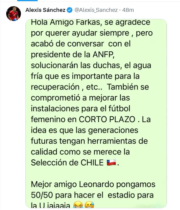 La respuesta de Alexis Sánchez a Leonardo Farkas (Foto: Alexis_Sanchez, X)