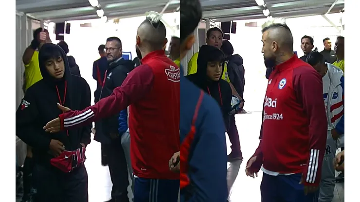 Arturo Vidal bajó a la zona baja del estadio Monumental para mostrar su descontento al árbitro, Fernando Rapalini (Foto: Chilevision / PlutoTV)