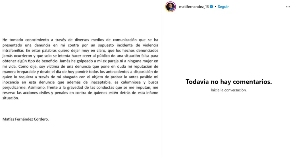 El comunicado de Matías Fernández