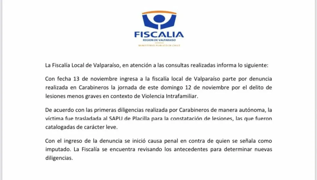 Comunicado de Fiscalía respecto al caso de violencia intrafamiliar protagonizado por el futbolista Matías Fernández Cordero.
