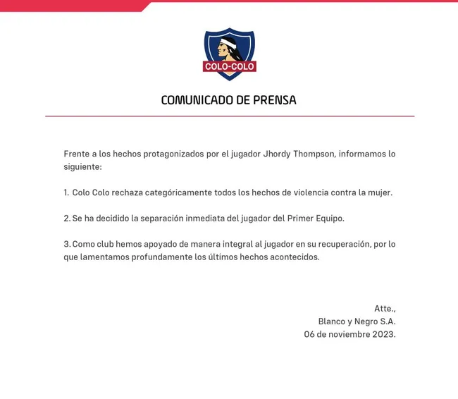 Comunicado de prensa de Colo Colo por los últimos hechos protagonizados por Jordhy Thompson.