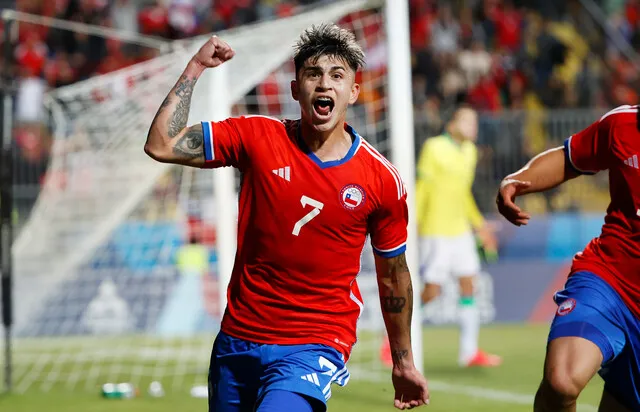 Maxi Guerrero, tras anotar el gol ante Brasil (Miguel Campos /Santiago 2023 vía Photosport)