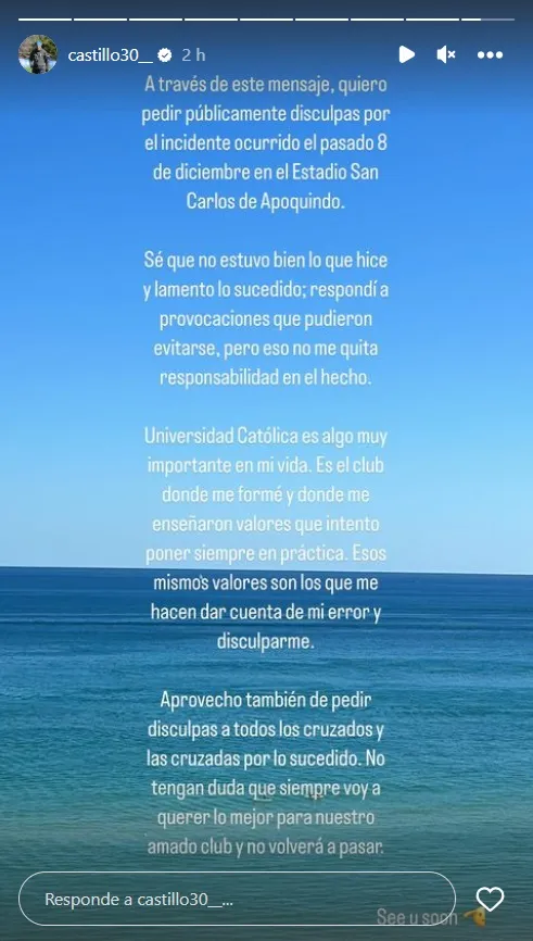 Las disculpas de Nicolás Castillo a través de su Instagram.