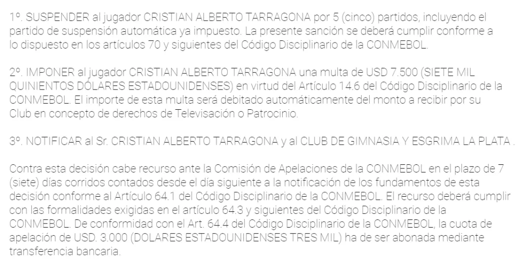 Decisión de Conmebol por el incidente protagonizado por Cristian Tarragona.