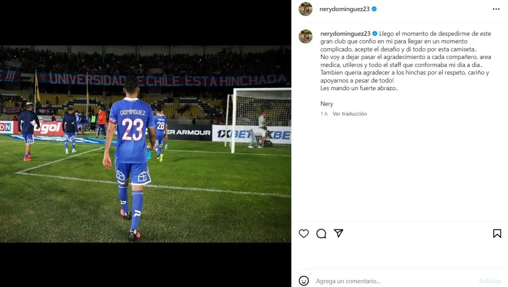 Nery Domínguez publica un mensaje de despedida de la Universidad de Chile