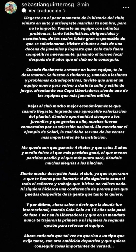 Sebastián Quinteros reclamó por la salida de su padre de Colo Colo