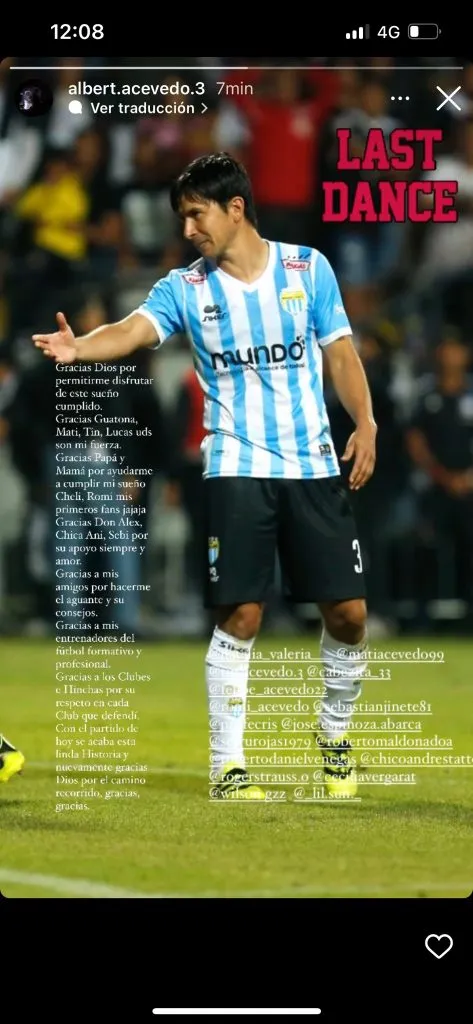 El mensaje de Albert Acevedo en su despedida del fútbol. (Fuente Instagram)