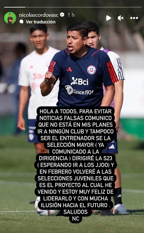 Nicolás Córdova aclara su futuro y descarta dirigir a la Selección Chilena adulta.