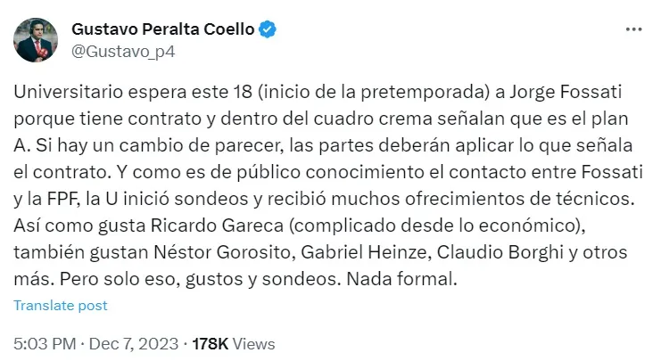 Gustavo Peralta Coello reporta que Claudio Borghi gusta en Universitario.