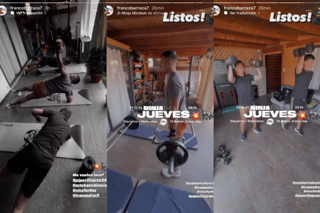 Iván Morales entrenando junto a Esteban Valencia, Felipe Villagrán y Nicolás Frettos. (Foto: Captura de Instagram @francobarraza7)