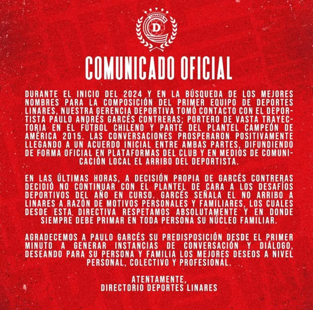 Comunicado de Deportes Linares tras la repentina salida de Paulo Garcés.