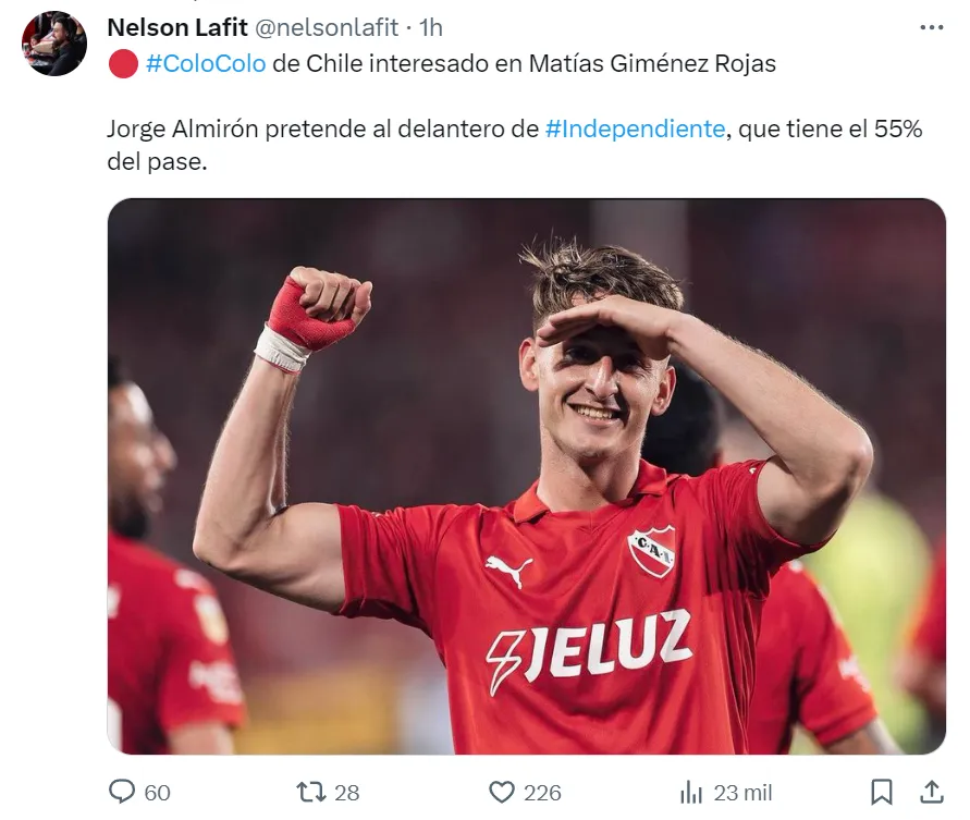 Posteo de Nelson Lafit en X sobre el interés de Colo Colo por Matías Giménez.