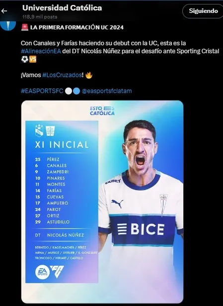 La oncena de la UC en su primer amistoso (Captura X)