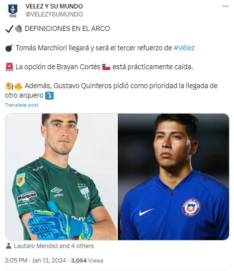 La opción de Brayan Cortés a Vélez está casi caida, así lo reporta Vélez y su Mundo.