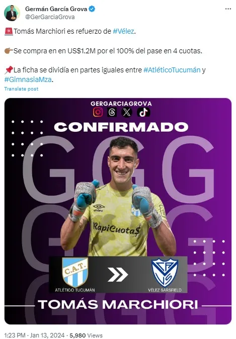 Germán García Grova informa el fichaje de Tomás Marchiori en Vélez Sarsfield.