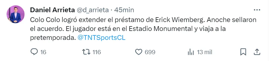 Posteo de Daniel Arrieta en X.