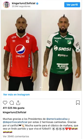 El posteo de 2019 de Arturo Vidal con la camiseta del América de Cali