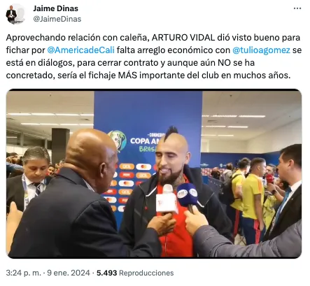 Jaime Dinas asegura que Arturo Vidal va a jugar en Colombia
