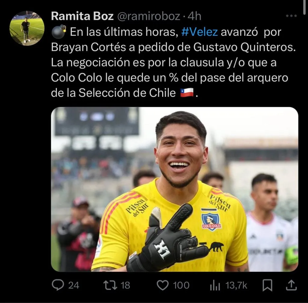 Publicación del periodista Ramiro Boz sobre el interés de Vélez Sarsfield por Brayan Cortés (@ramiroboz)