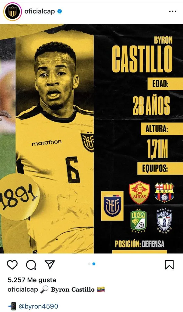 La publicación de Peñarol con el anuncio de Byron Castillo