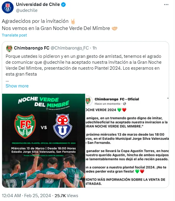 Universidad de Chile participará en la Gran Noche Verde del Mimbre.