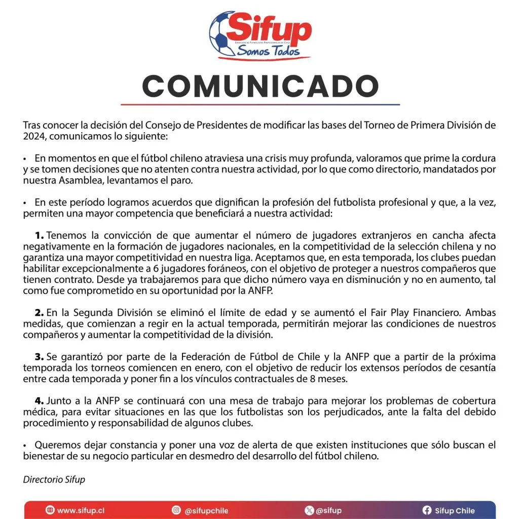 Sifup comunica que levanta el paro.