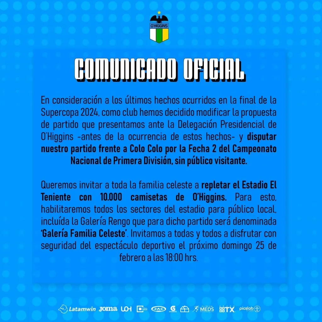 Comunicado de O’Higgins respecto al partido contra Colo Colo en Rancagua.