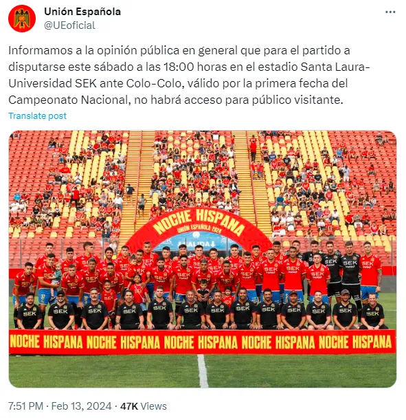 Unión Española informa que no habrá hinchas visitantes en el encuentro ante Colo Colo