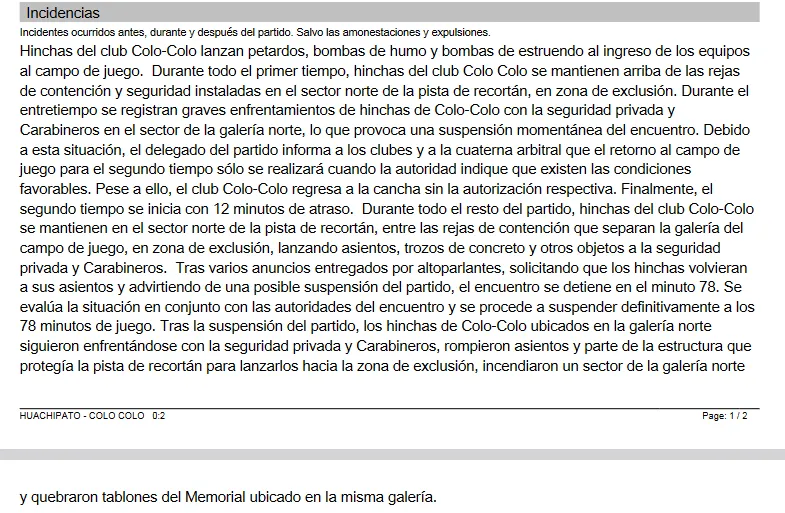 El informe de José Cabero sobre los hechos de violencia de Colo Colo