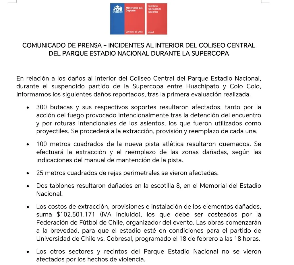 El comunicado sobre los incidentes en el estadio Nacional