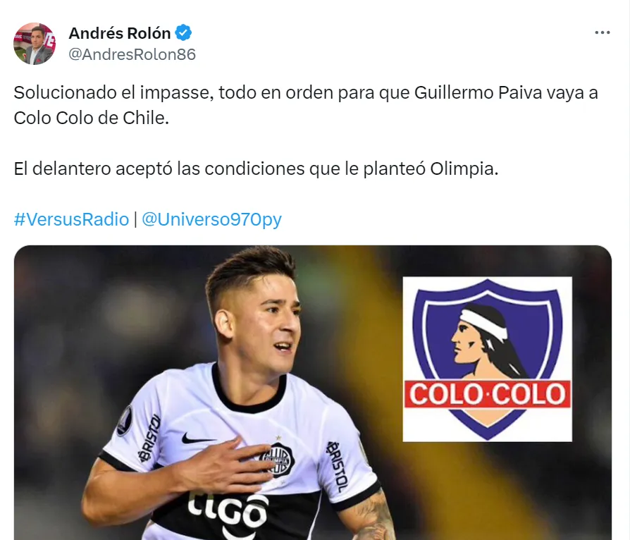 Publicación del periodista Andrés Rolón en X.