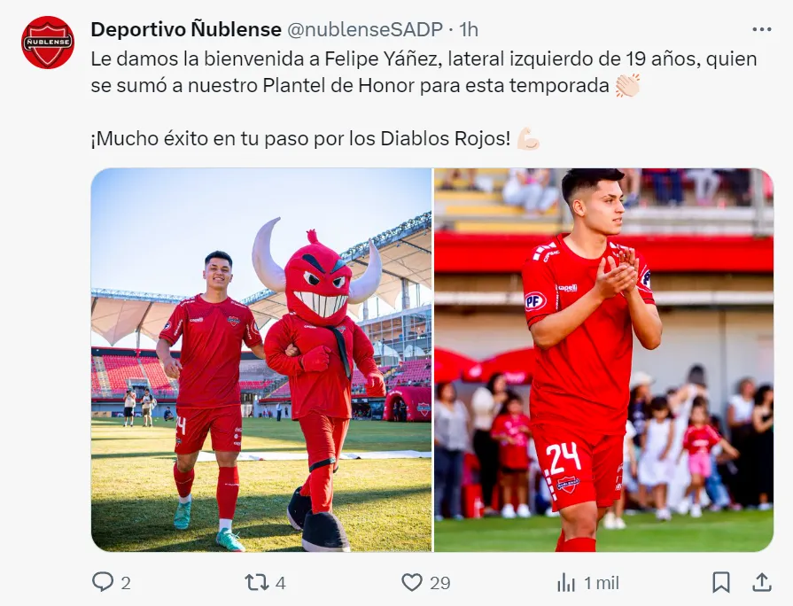 Posteo de Ñublense en X sobre la presentación de Felipe Yáñez.