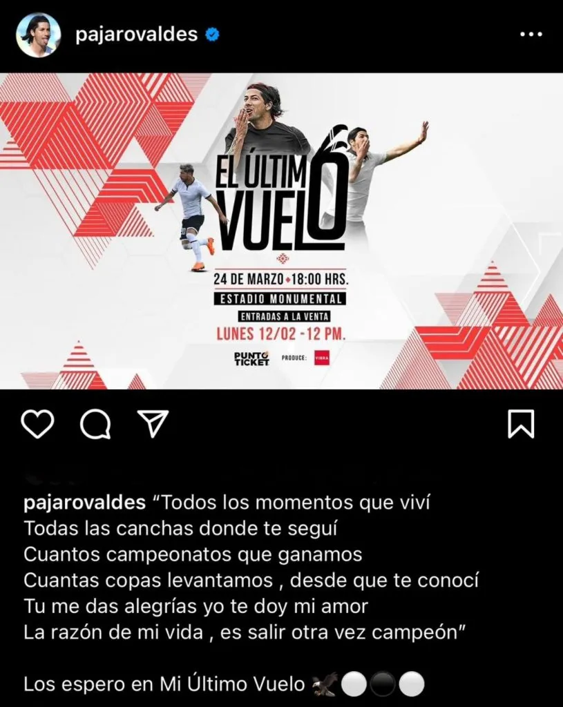 Posteo de Jaime Valdés en Instagram anunciando su partido de despedida del fútbol.