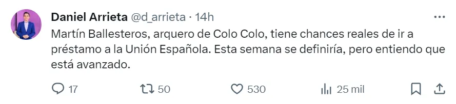 Posteo en X (ex Twitter) del periodista Daniel Arrieta sobre la situación de Martín Ballesteros.