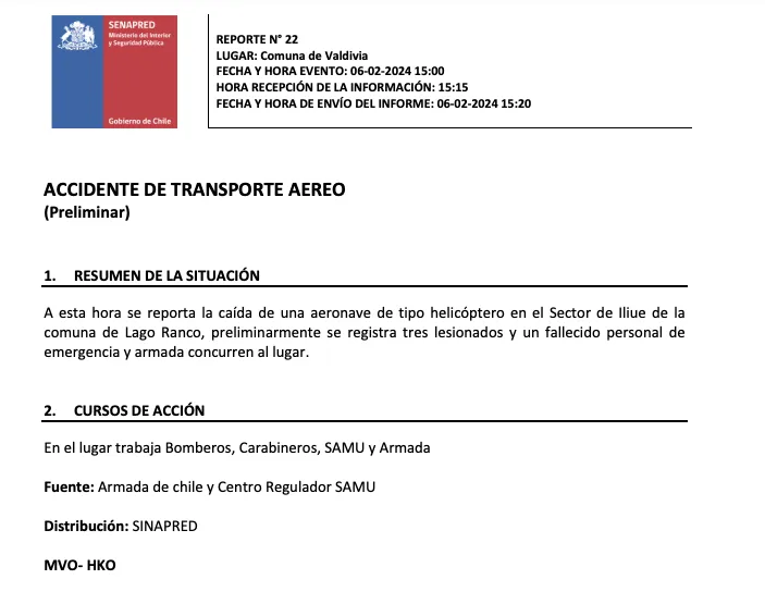 Reporte de Senapred sobre accidente en Lago Ranco