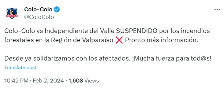 Colo Colo informa la suspensión del partido ante Independiente del Valle.