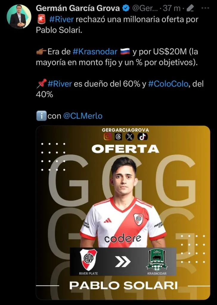 Publicación de Germán García Grova en X.