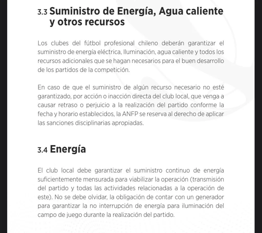 En el  Manual de competiciones aparece la exigencia de los diversos suministros (Captura)