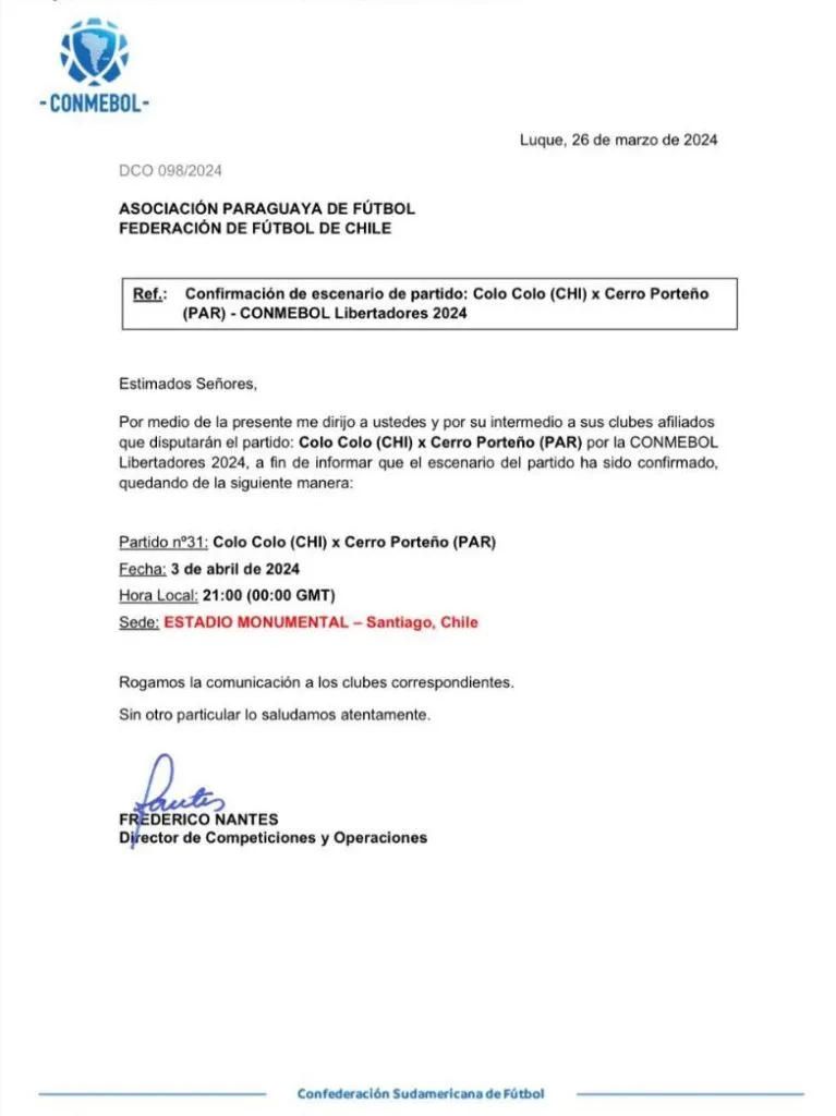 Documento oficial con que Conmebol notificó a Colo Colo y Cerro Porteño.