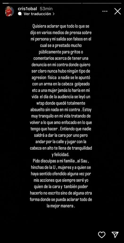 El mensaje de Cristóbal Campos en su Instagram.