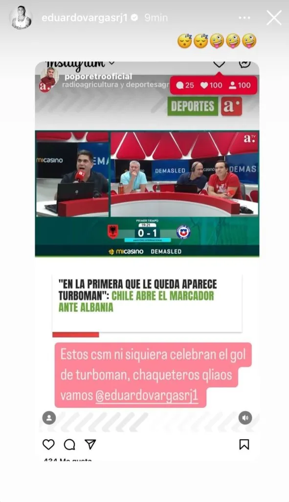 La polémica publicación de Eduardo Vargas tras su gol en La Roja.