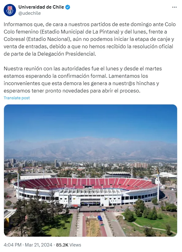Universidad de Chile avisó que aún no podía poner a la venta las entradas.