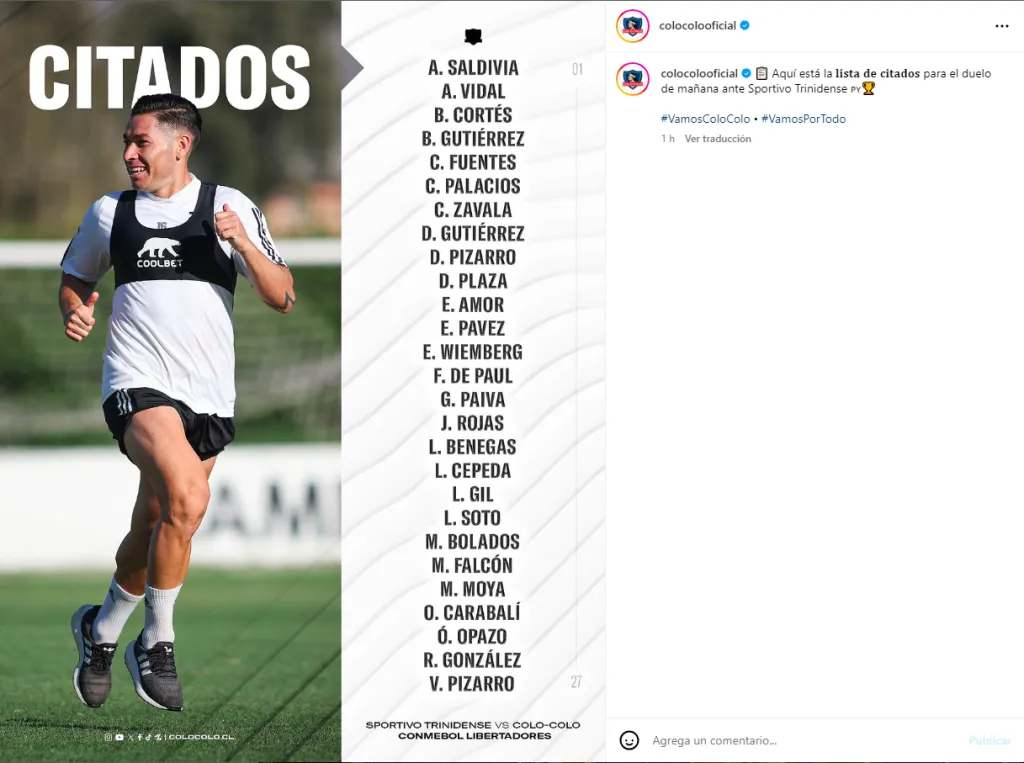 Los citados de Colo Colo para el partido ante Godoy Cruz.