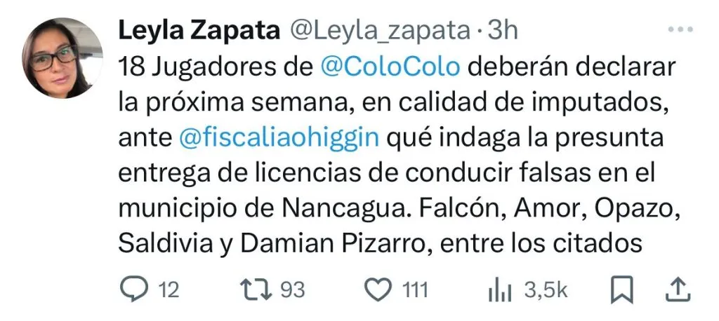 Captura del tweet que publicó la periodista Leyla Zapata.