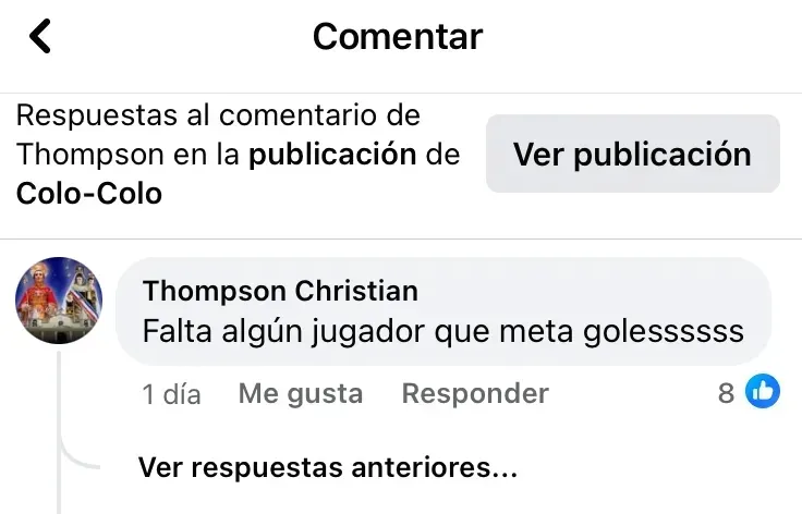 Comentario de Christian Thompson en la publicación de Facebook de Colo Colo.
