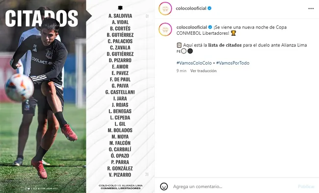 La lista de citados de Colo Colo para el partido ante Alianza Lima. (Foto: colocolooficial, Instagram)